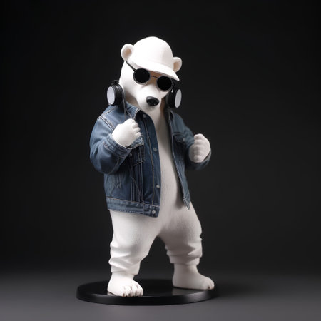 Panda dressed in a jacket and sunglasses with headphones on a dark backgroundの素材