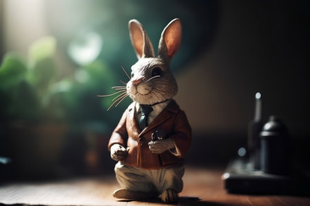 Easter bunny figurine sitting in front of an old telephone.の素材
