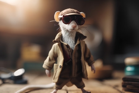 Rat toy in brown jacket, hat and sunglasses on wooden background.の素材