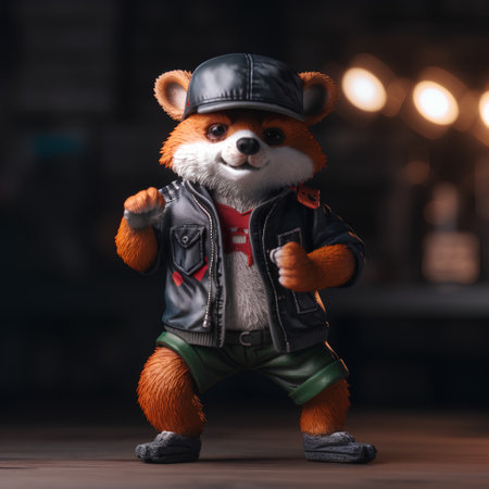 A closeup shot of a red fox toy dressed in a leather jacket and a cap.の素材
