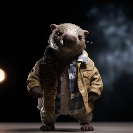 Wombat in raincoat and hoodie standing on dark background.の素材