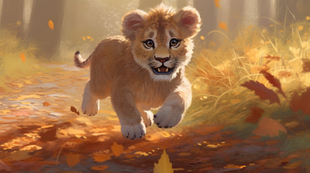 Lion cub running in the autumn forest. Digital painting illustration.の素材