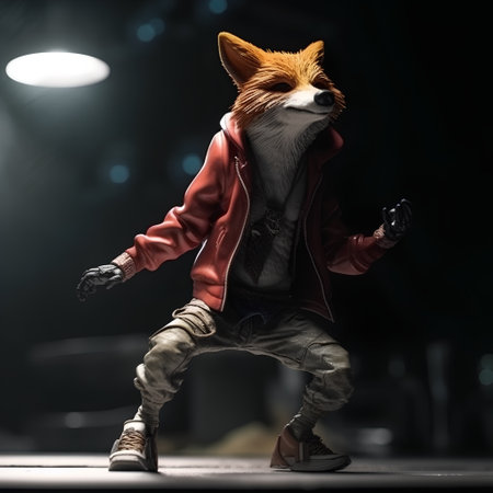 Fashion portrait of a fox in a red jacket and jeans.の素材