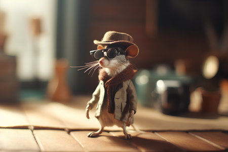 Cute rat wearing a hat and sunglasses on the background of the kitchenの素材
