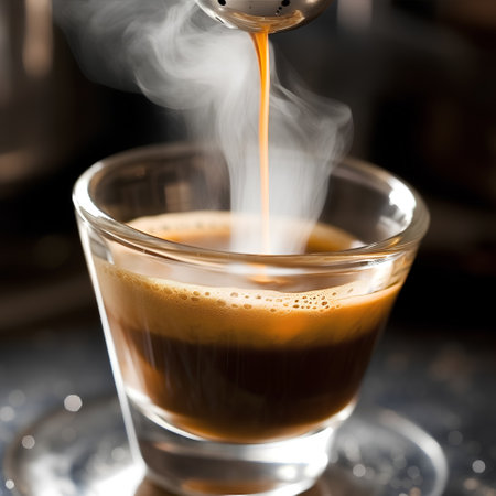 Espresso pouring into a glass with smoke from the coffee machineの素材