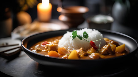 Chicken curry with rice in a black bowl on a dark background.の素材