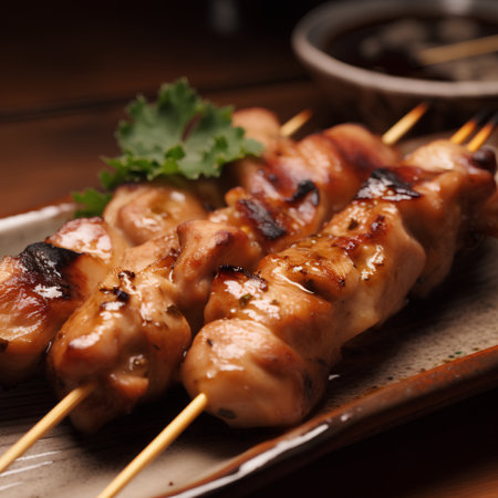 chicken kebab on skewers with soy sauce, closeupの素材