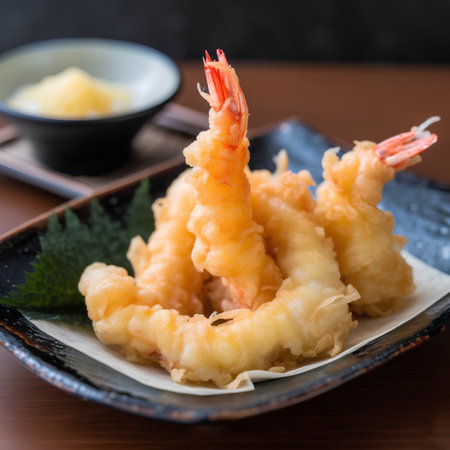 Fried Shrimps tempura on a plate. Japanese food.の素材