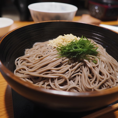 Japanese buckwheat soba noodles in a bowl on a tableの素材