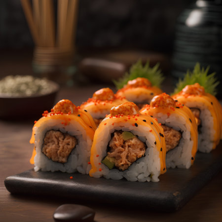 Sushi roll with salmon and cucumber on a black background.の素材