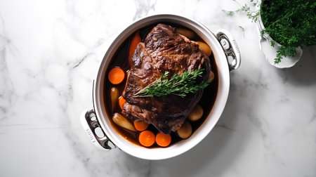 Braised beef with vegetables in a pot on a marble background.の素材