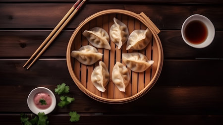 Gyoza dumplings with sauce and chopsticks on wooden backgroundの素材