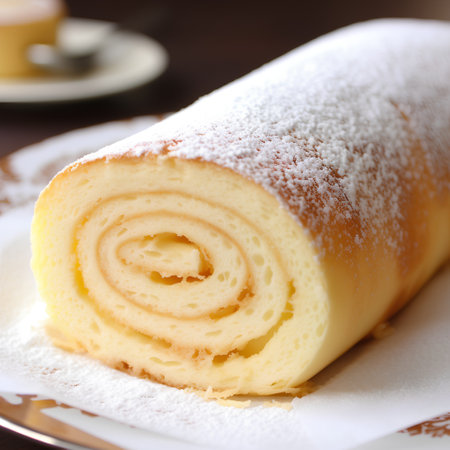 Sliced swiss roll with icing sugar on a white plateの素材