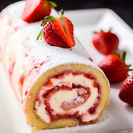 Strawberry roll cake with whipped cream and fresh strawberries, selective focusの素材