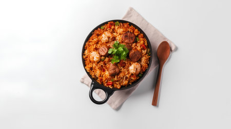 Stewed rice with meat and vegetables in a frying pan on a white backgroundの素材