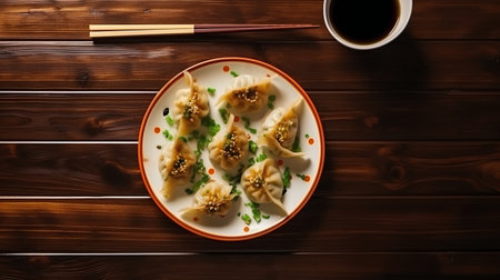 Gyoza dumplings with soy sauce on a wooden tableの素材