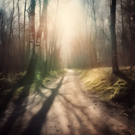 Road in the forest in the morning fog. Springtime landscape.の素材