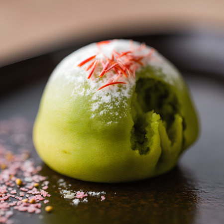 Green tea macaroon on a plate. Selective focus.の素材