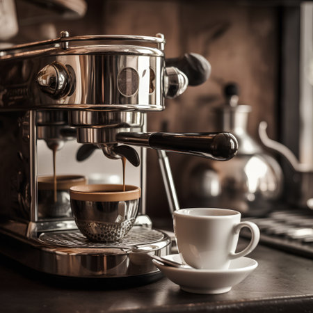 Espresso machine with two cups of coffee on a wooden tableの素材
