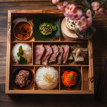 Japanese food in a wooden box on a wooden background, close-upの素材