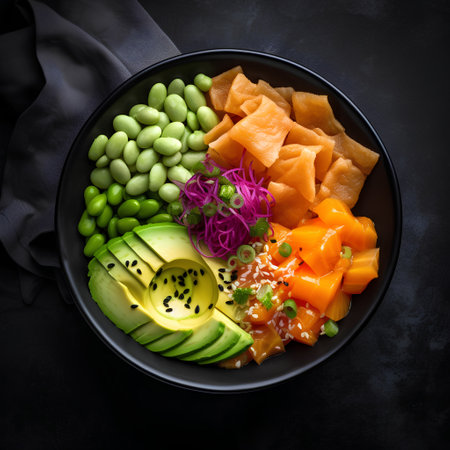 Hawaiian poke bowl with salmon, avocado, mango and seaweed on black backgroundの素材