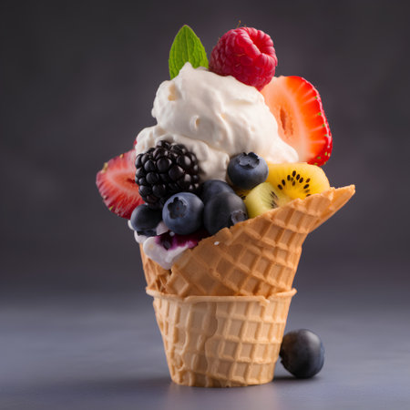Ice cream in waffle cone with fruits and berries on grey backgroundの素材