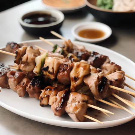 grilled pork skewer on plate with soy sauce, selective focusの素材