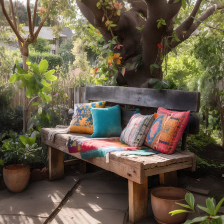 Wooden bench in the garden with colorful pillows on it.の素材