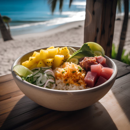Hawaiian food, salmon poke bowl with rice, mango and vegetablesの素材