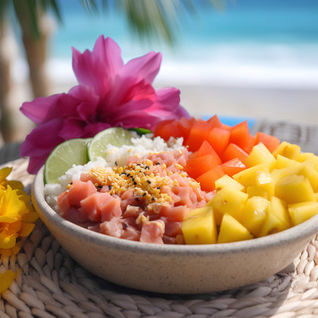 Hawaiian sashimi with mango and rice on the beachの素材