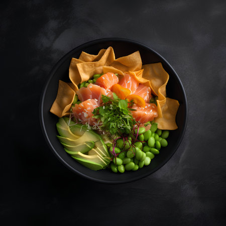 Salmon poke bowl with avocado and green peas on black background, top viewの素材