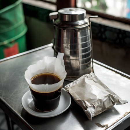 Coffee in a cup and paper bag on the table.の素材