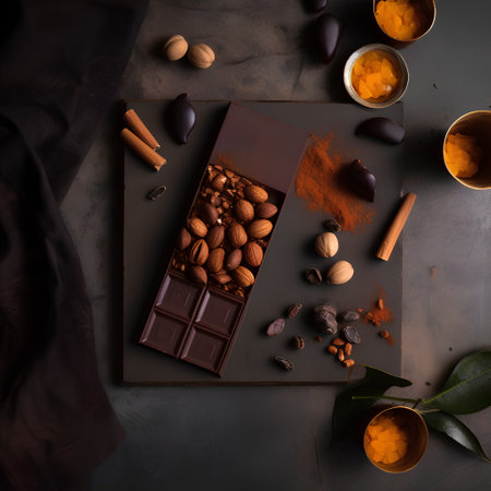 Chocolate bar with spices and cocoa powder on dark background, top viewの素材