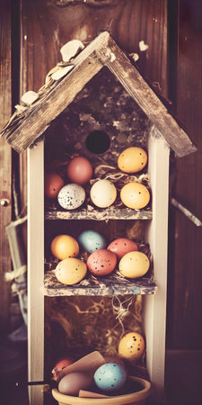 Easter eggs in a wooden birdhouse. Vintage style toned pictureの素材
