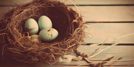 Easter eggs in nest on wooden background. Vintage style toned pictureの素材