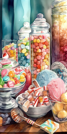 Colorful lollipops and candies in glass jars. Watercolor illustrationの素材