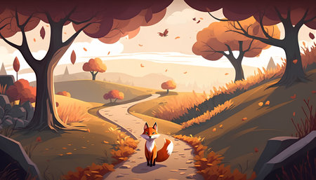 Autumn landscape with forest, road and fox. Cartoon vector illustrationの素材
