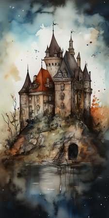 Castle in the forest. Watercolor painting. Illustration.の素材