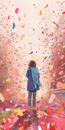 A girl in a raincoat stands on the street among confetti.の素材
