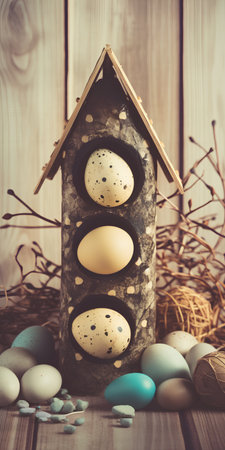Easter eggs in a birdhouse on a rustic wooden background.の素材