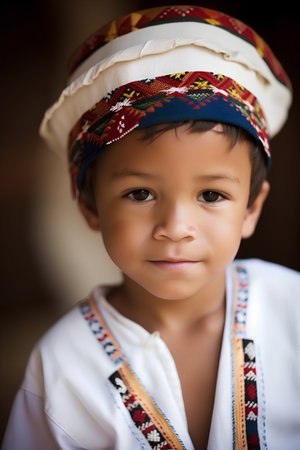Portrait of a cute little boy wearing a traditional clothing in the villageの素材