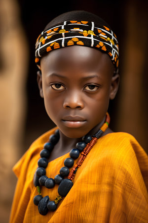 Unidentified Ghanaian little girl in orange clothes. Children of Ghana suffer of poverty due to the economic situationの素材