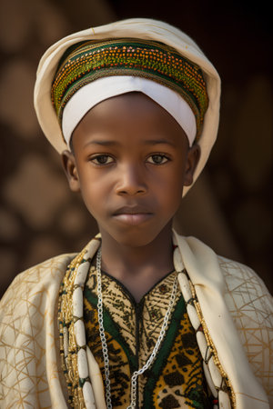 Portrait of an african little boy wearing traditional clothes and smilingの素材
