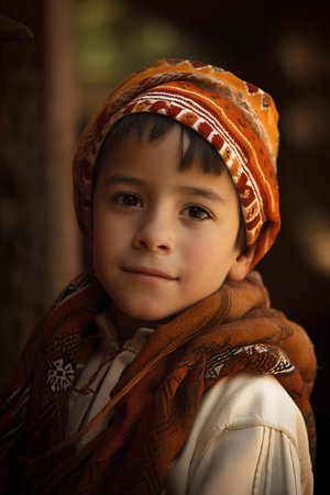 Portrait of a little boy in a turban and scarf.の素材