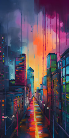 Cityscape at sunset with neon lights. Digital painting. Vector illustration.の素材