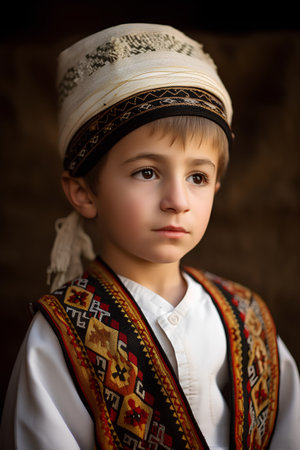 Portrait of a little boy in Ukrainian national costume. Selective focus.の素材