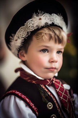 Portrait of a little boy in a medieval costume on the streetの素材