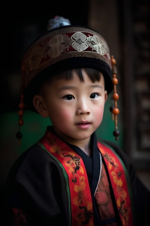 Cute asian little boy in traditional costume, closeup portraitの素材