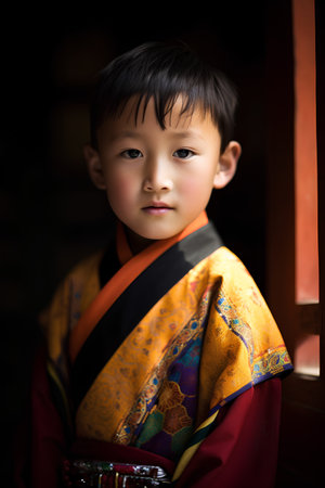 Portrait of a little boy in a kimono at the templeの素材