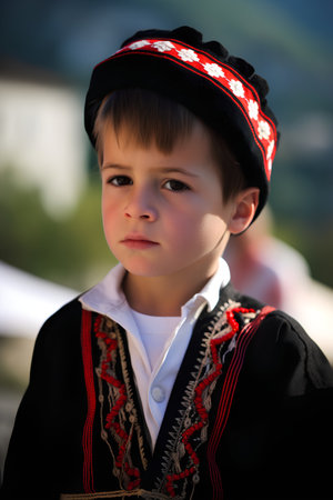 Portrait of a little boy in Ukrainian national costume. Selective focus.の素材